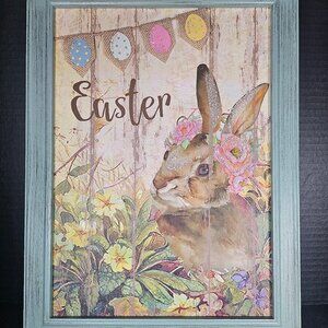 EASTER DECOR SIGN NEW SWEET BUNNY SCENE LARGE 16X12 SOFT GREEN WOOD FRAME